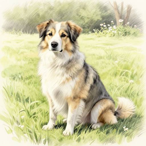 Digital painting of a tricolor Border Collie sitting on lush green grass, with sunlight filtering through trees in the background.
