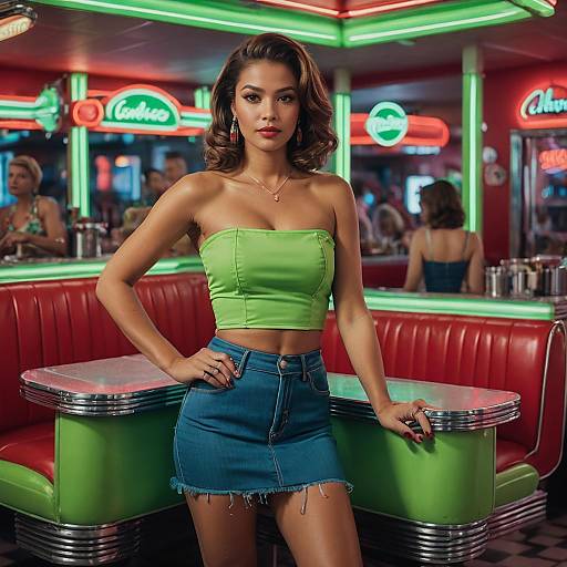 Woman in Neon Green Tube Top in Retro Diner