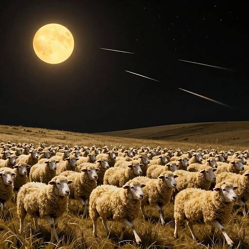 Photograph of a dense flock of woolly sheep under a bright full moon in a starry night sky with shooting stars.