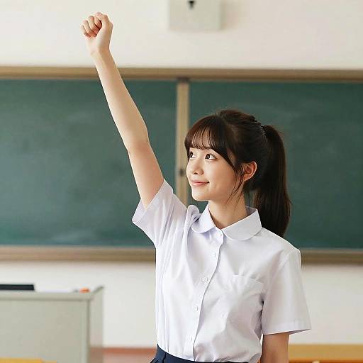 Photograph of an Asian woman with dark hair in a ponytail, wearing a white short-sleeve shirt, raising her right arm in a classroom