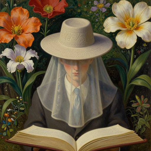 Digital painting of a pale-skinned, androgynous figure with a patterned hat and veil, reading an open book surrounded by vibrant flowers.