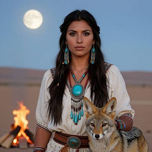 Apache Woman by Campfire Under Moon
