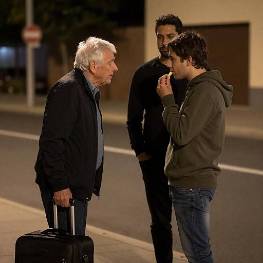 Three Men Talking on Dimly Lit Street at Night