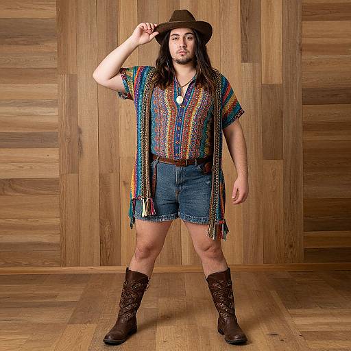 Photograph of a young man with long dark hair, brown hat, colorful patterned shirt, denim shorts, and brown cowboy boots, standing in front