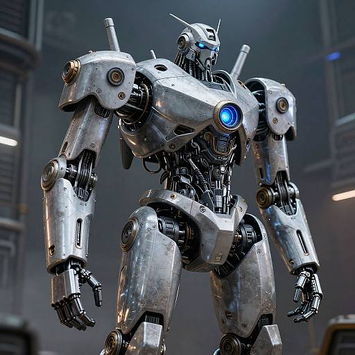 Photorealistic CGI of a towering, silver, metallic robot with blue glowing eyes and joints, standing in a dimly lit industrial warehouse.