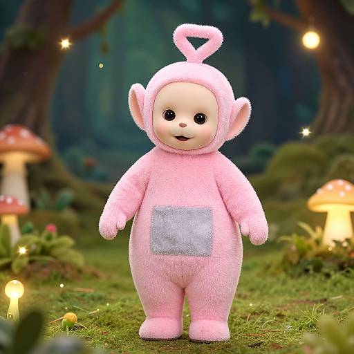 Photograph of a plush, pink, cartoonish baby doll with a heart-shaped ear and silver pocket, standing in a magical forest with glowing mushrooms and
