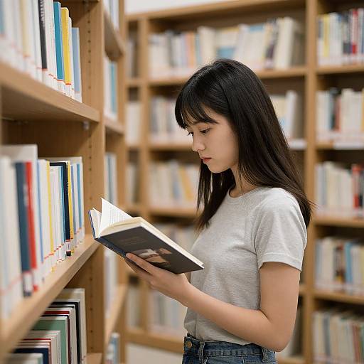 Photograph of an Asian woman with long black hair, wearing a white t-shirt and blue jeans, reading a book in a well-lit library with