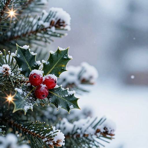 Close-up photograph of snow-covered holly berries and leaves on a Christmas tree, with blurred white background and star-like lights.