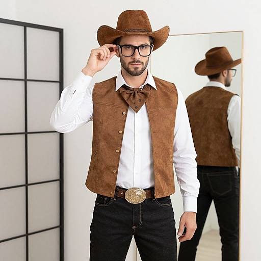 Photograph of a bearded man in brown suede vest, white shirt, black pants, brown bowtie, and brown hat, adjusting his hat,