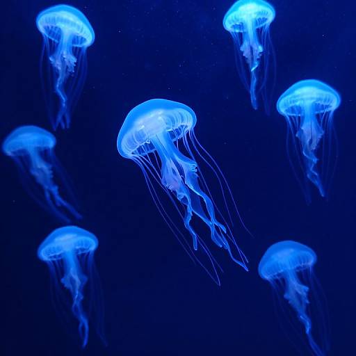 Photograph of six glowing blue jellyfish with translucent, flowing tentacles against a dark blue underwater background. Their ethereal, luminescent appearance creates