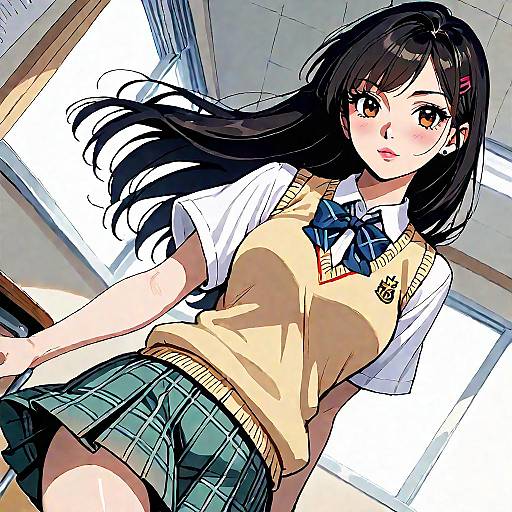 Anime Schoolgirl in Dynamic Classroom Pose