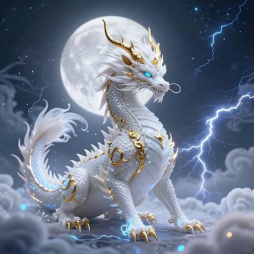 Celestial White Dragon with Golden Details and Full Moon