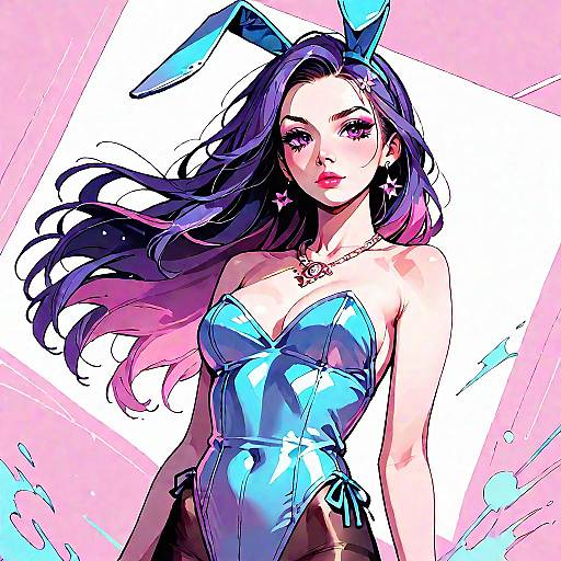 Digital illustration of a sexy woman with long purple hair, wearing a shiny blue bunny costume, bunny ears, and necklace, set against a dynamic pink and