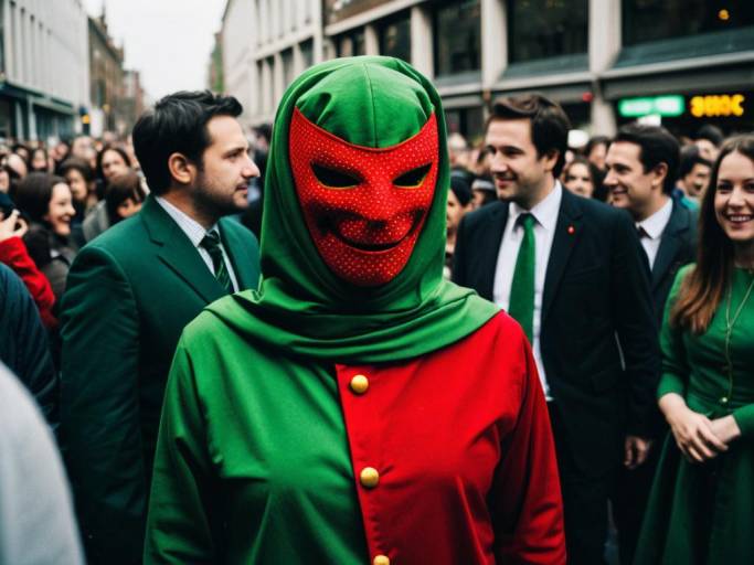 Person in Red and Green Pepper Mask Costume in Crowd