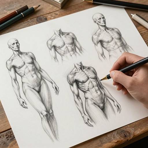 Photograph of a hand drawing detailed pencil sketches of muscular male figures on white paper, with a pen and wooden table background.