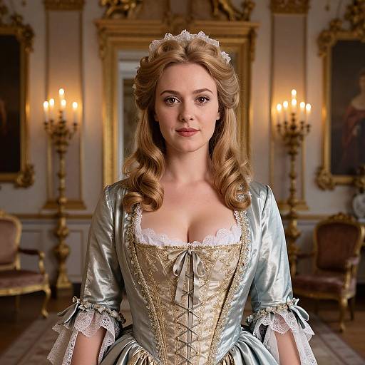Photorealistic digital portrait of a fair-skinned, blonde woman with curled hair, wearing a silver and gold Renaissance-style corset gown, standing in