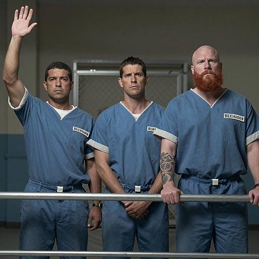 Three Men in Prison Uniforms Behind Railing