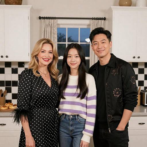 Three People Smiling in Kitchen