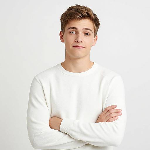 Photograph of a young, white male with short brown hair, wearing a white sweatshirt, standing with arms crossed against a plain white background.