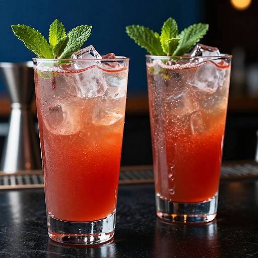 Photograph of two vibrant red cocktails with ice cubes, garnished with fresh mint leaves, on a dark bar counter.