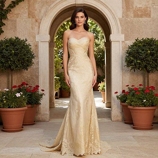 Photograph of a brunette woman in a strapless, gold lace gown, standing in a stone archway with potted plants and red flowers.