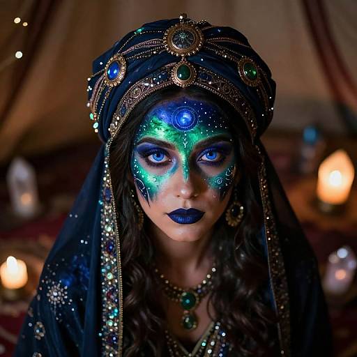 Photograph of a woman with glowing blue and green face paint, deep blue lips, wearing an ornate dark veil and headpiece, illuminated by soft