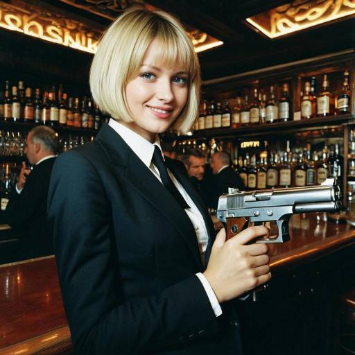 Blonde Woman in Black Suit Holding Machine Gun at Bar