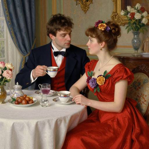 Victorian-style painting of a brown-haired man in a black tuxedo and bowtie, offering tea to a brown-haired woman in a red dress