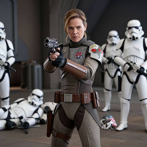 Photorealistic CGI of a blonde woman in grey tactical armor, holding a gun, surrounded by fallen and standing Stormtroopers in a dimly lit