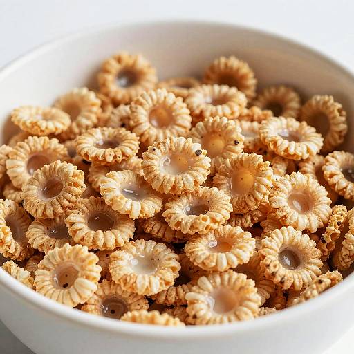 Photograph of a white bowl filled with numerous golden-brown, circular, ruffled rice crackers, each with a small, glossy center.
