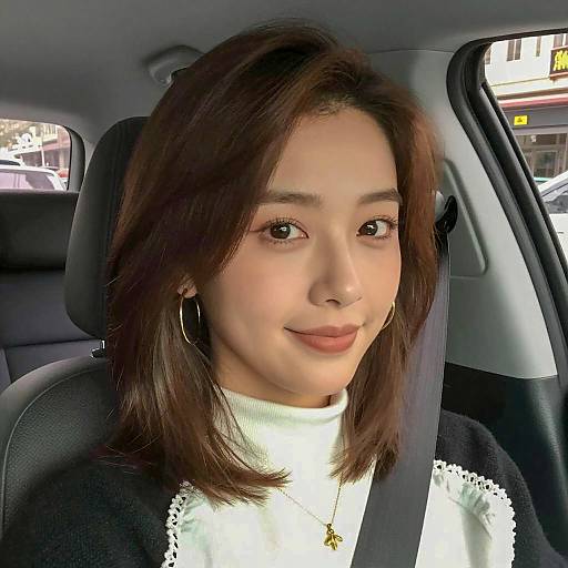 Asian Woman in Taxi with Casual Hairstyle