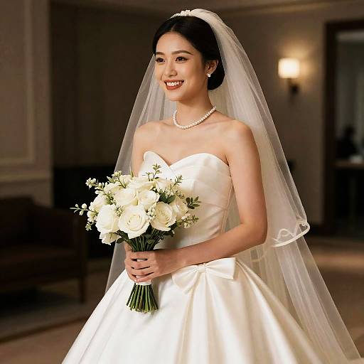 Smiling Bride in Ivory Satin Wedding Dress
