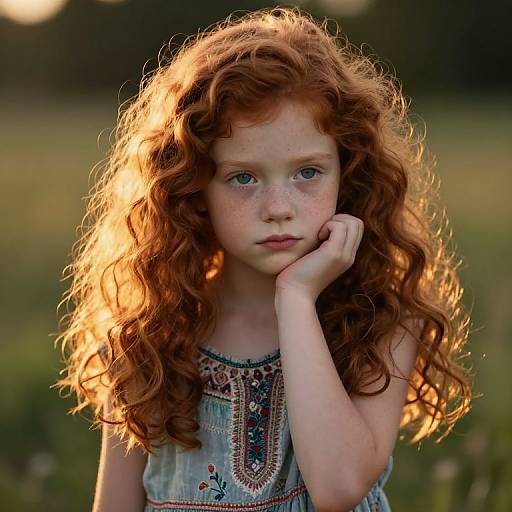 Photograph of a young red-haired girl with curly hair, freckles, and blue eyes, wearing a sleeveless embroidered dress, resting her chin