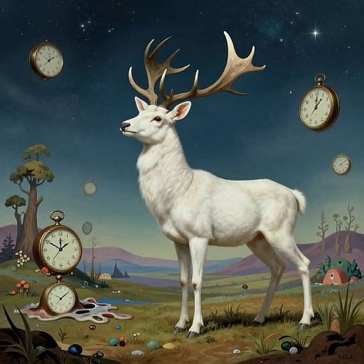 Digital painting of a white deer with large antlers standing in a surreal, starry night landscape with floating pocket watches.