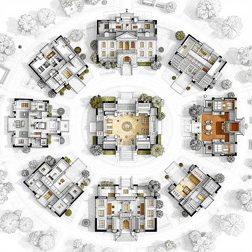 Aerial architectural drawing of a circular, multi-building complex with detailed rooms, gardens, and a central courtyard, showcasing a symmetric layout.