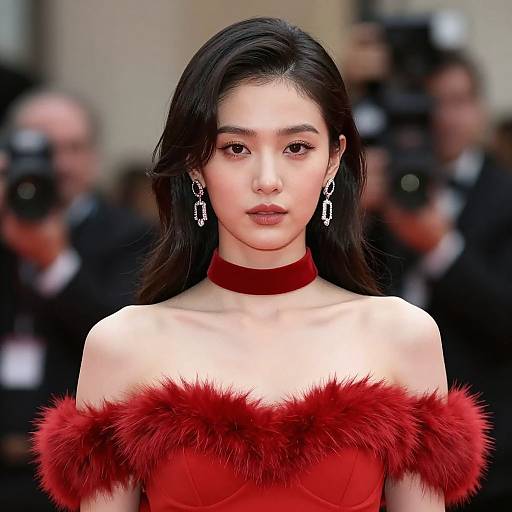 Photograph of an Asian woman with long black hair, wearing a red off-shoulder fur-trimmed dress, choker, and silver earrings