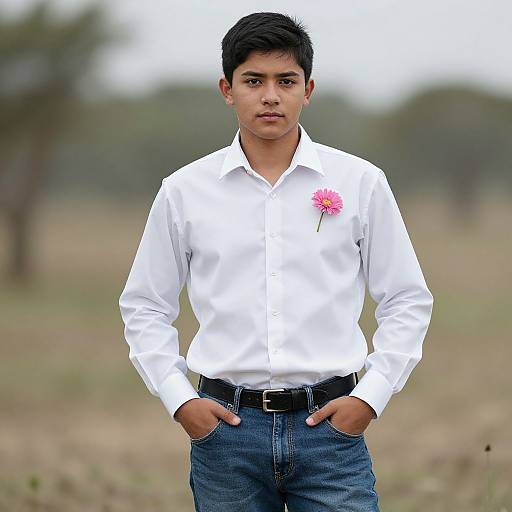 Photograph of a young Indian man with short black hair, wearing a white shirt with a pink flower, blue jeans, and black belt, standing outdoors