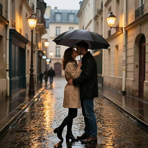 Couple Kissing Under Umbrella on Rainy Paris Street