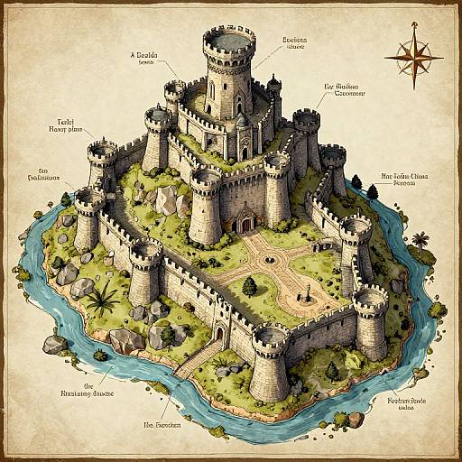 Detailed digital illustration of a medieval castle, labeled with features like towers, walls, gardens, and moat, surrounded by lush greenery. Compass in