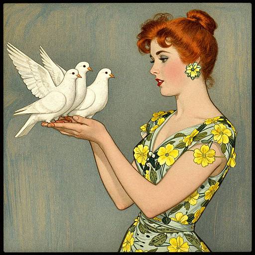 Vintage Woman with Floral Dress and Pigeons