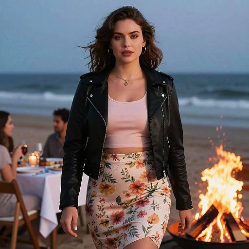 Photograph of a woman with wavy brown hair, wearing a black leather jacket, pink crop top, and floral skirt, walking by a beach bon