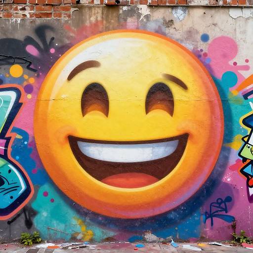 Bright, graffiti-style, yellow smiley face with large eyes and wide grin on a colorful, graffiti-covered brick wall. Urban street art.