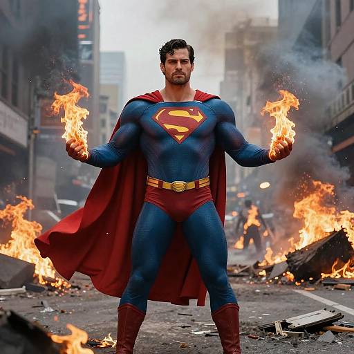 Heroic Superhero in a Fiery Cityscape