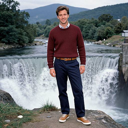 Photograph of a smiling man with brown hair, wearing a maroon sweater, black pants, brown belt, and tan sneakers, standing in front of
