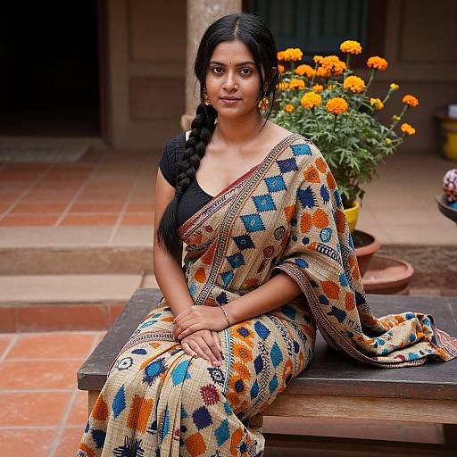 Photograph of a smiling Indian woman with dark braided hair, wearing a colorful geometric patterned sari over a black blouse, seated on a wooden