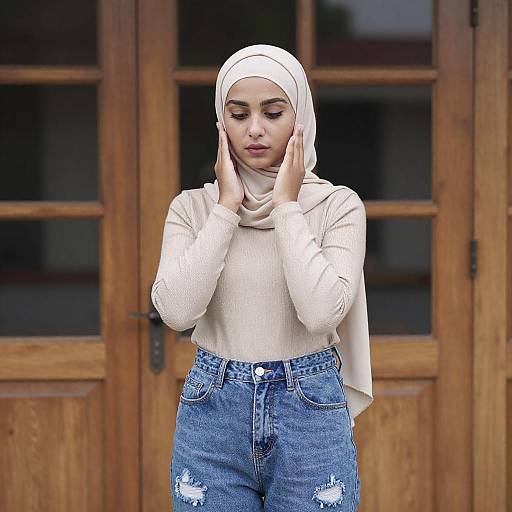 Photograph of a young woman with light brown skin, wearing a white hijab, beige long-sleeve top, and high-waisted blue