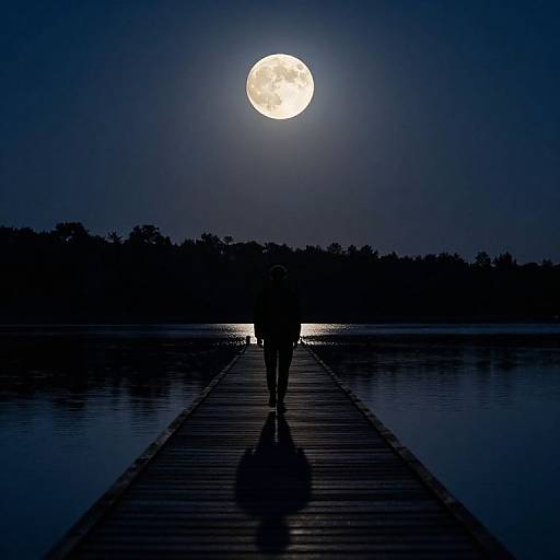 Silhouetted person stands on wooden dock under bright full moon, reflected in calm water, with dark tree line in background.