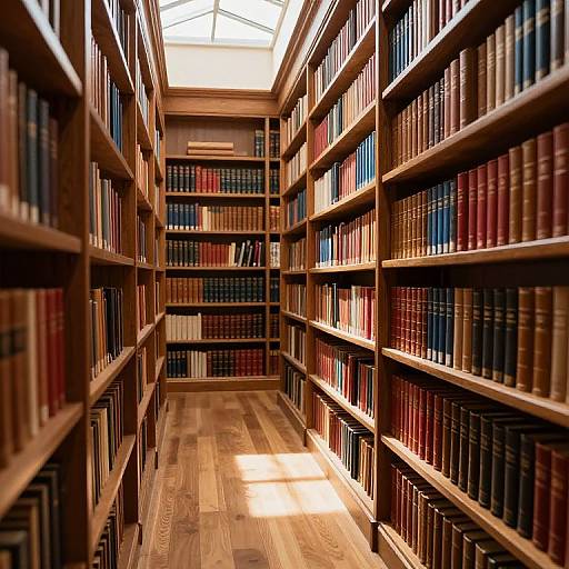 Photograph of a warm, wooden library aisle with tall bookshelves filled with colorful, spined books, illuminated by sunlight from a skylight