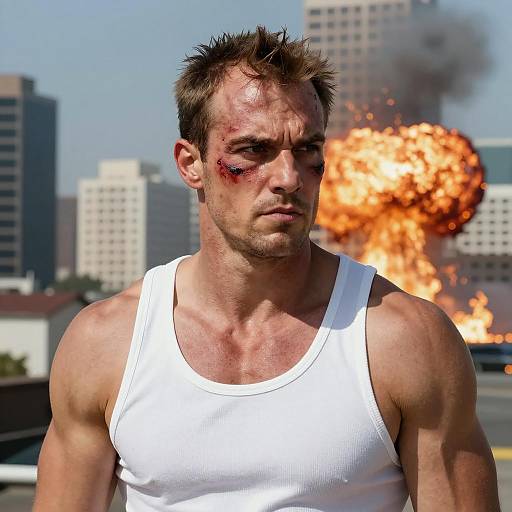 Determined Warrior Amidst Urban Chaos