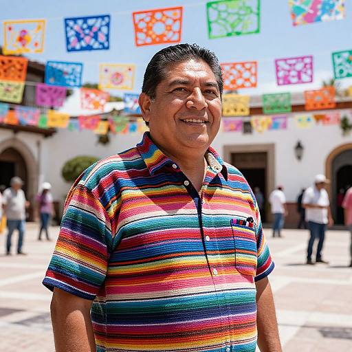 Photograph of a smiling middle-aged man with short black hair, wearing a colorful striped polo shirt, standing in a sunny courtyard with vibrant Mexican papel pic